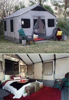 two pictures showing the inside and outside of a tent