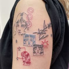 a woman's arm with pictures and stars on it, including two women in the background