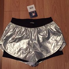 Champion Workout/Atletic Shorts With Biker Shorts Underneath, Nwt, Sz Small Comes From A Smoke/Pet Free Home Metallic Athleisure Bottoms For Workout, Sporty Metallic Fitted Bottoms, Metallic Athleisure Bottoms For Sports, Metallic Fitted Gym Activewear, Metallic Fitted Activewear For Sports, Metallic Stretch Bottoms For Athleisure, Metallic Fitted Athleisure Activewear, Workout Bottoms With Reflective Details And Stretch, Reflective Stretch Training Bottoms