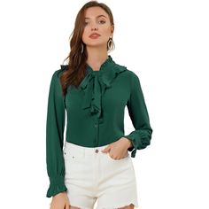 Elevate your wardrobe with the Allegra K Women's Ruffle Tie Neck Shirt, a masterpiece of sophistication and style. This exquisite top features a captivating tie neck and elegant ruffle cuffs, designed to add a touch of femininity to your professional attire.

- Color: Dark Green
- Size: X-Small
- Gender: Female
- Age Group: Adult
- Material: Not specified
- Features: Ruffle tie neck, button front, long sleeves, solid color

Ideal for both office settings and casual outings, this shirt pairs beau Elegant Blouse With Ruffle Hem, Green Ruffled Top For Office, Office Tops With Ruffled Collar, Spring Ruffled Solid Color Shirt, Spring Ruffled Collar Shirt, Spring Ruffled Solid Shirt, Casual Green Blouse With Ruffled Collar, Solid Color Ruffled Workwear Shirt, Collared Ruffle Tops For Fall