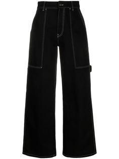 Stella McCartney Contrasting Stitching wide-leg Jeans - Farfetch Black Pants White Stitching, Black Jeans With Contrast Stitching, Black High Rise Jeans With Contrast Stitching, Black Wide-leg Jeans With Contrast Stitching, Trendy Jeans With Contrast Stitching For Work, Contrasting Stitching, Planet People, Jeans Wide, Wide Leg Denim