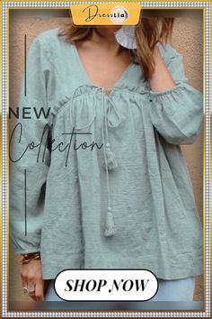 Solid Color Bandage Long Sleeve Loose Blouse for Women Solid Bohemian V-neck Blouse, Spring Beach Top In Solid Color, Solid Color Long Sleeve Blouse For Brunch, Long Sleeve Solid Color Blouse For Brunch, Solid Color V-neck Blouse For Vacation, Bohemian V-neck Top, Long Sleeve Blouse For Beach, Long Sleeve Solid Blouse For Summer, Solid Long Sleeve Bohemian Top