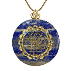 Pendant Size: 1.5 inch diameter Weight: 150 carats = 30 grams (1.0oz) Crystal: Lapis Lazuli + 8 Swarovski Crystals Chakras: Third Eye, Throat Sacred Geometry: Gold Plated Brass Sri Yantra Necklace Option: 23.5" gold filled snake chain Bail: Gold Plated Sterling Silver crown with cubic zirconia gems Lapis Lazuli - A stone of intuition & psychic awareness - Helps to open the Third Eye & stimulate the pineal gland during meditation - Helps to connect to higher self & inner wisdom - A great stone used for manifestation while meditating on a goal or intention - Brings mental clarity & enhances creativity A stone of truth, Lapis Lazuli encourages honesty of the spirit, helping to bring awareness of the soul and your spiritual purpose in life. It encourages self-awareness, allows self-expression Healing Gemstone Medallion Jewelry, Celestial Round Necklace For Meditation, Symbolic Round Large Pendant Jewelry, Round Amulet Crystal Necklace As Gift, Round Amulet Crystal Necklace Gift, Amulet Style Round Crystal Necklace Gift, Amulet Style Round Crystal Necklaces For Gifts, Spiritual Necklace With Large Round Pendant, Symbolic Round Gemstone Jewelry