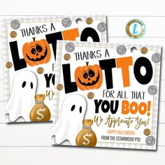 two halloween party cards with pumpkins and ghost bags