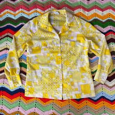 1970s, PYKETTES Brand, Nylon/Rayon Blend Shirt. Revere Collar, Notched Hem. A Little Bit Of Volume In Sleeves. Faux Pearl Buttons Down Front And At Cuffs. Darts At Chest.   Good Condition- All Original Buttons In Tact. No Major Flaws. 2 Small Marks On Right Sleeve Near Cuff, See Up Close Photo. No Size Tag. Measures: 42" CHEST  27" LONG 32" SLEEVE Revere Collar, Pearl Buttons, Print Shirt, Abstract Print, Vintage 70s, Size Tag, American Vintage, Womens Clothing Tops, Vintage Men