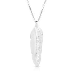 You will fall in love with the Love You More American Made Necklace. The elegant necklace has a gorgeous feather design in a bright silver finish. One side of the pendant is a classic feather, the other is detailed bright cut engraving adding a glamorous element to the design. Secured by a 28 inch silver tone chain this necklace will be a bright addition to your collection. Montana Silversmiths necklaces are coated in Montana Armor to prevent tarnish. This necklace has a lobster clasp for ease o Silver Feathered Sterling Silver Necklaces, Silver Sterling Silver Necklaces With Feathers, Elegant Sterling Silver Feather Jewelry, Silver Feather Pendant Jewelry, Tractor Supply, Elegant Necklace, Feather Design, Accessories Jewelry Necklace, Women Accessories Jewelry