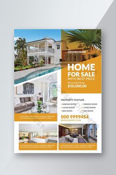 a real estate flyer is shown with an image of a house and pool in the background