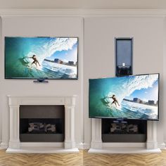 two televisions are shown on the wall in front of fireplaces with paintings above them