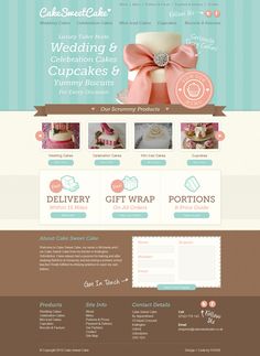 the website for wedding cakes and cupcakes is shown in pink, brown and blue