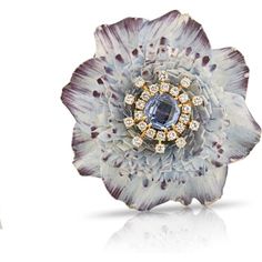 David Webb - Circa 1950's 18K Yellow Gold Ceramic with Diamonds - Ceylon Sapphire Brooch Sapphire Brooch, Diamond Flower Brooch, Emerald Cut Diamond Ring, David Webb, Ceylon Sapphire, Gold Ceramic, Blue Sapphire Diamond, Ceramic Flower, Diamond Flower