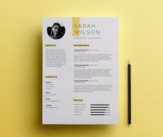 a clean and modern resume is displayed on a yellow background with a pencil next to it