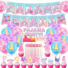 a birthday party with pink and blue balloons, cupcakes, cake and decorations