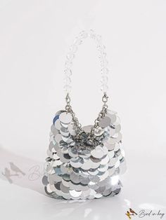 Bird in Bag - Silver Sequin Evening Bag with Handle, Perfect for Special Occasions Bag Silver, Chain Bag, Silver Sequin, Bird In Bag, Square Bag, Mini Fashion, Chain Bags, Evening Bags, Free Gifts