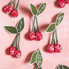 chocolate candies with green leaves and red berries on pink background, surrounded by stickers that say happy valentine's day