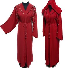 Latest Design Women Open Front Red Abaya Farasha Jalabiya . Brand new. As a result, comes in original plastic wrap with Hijab included. Beautiful material with a premium feel. Exclusive new design Abaya.   Press studs buttons  Comes with a scarf  and belt  Bead Embroidery  Fabric: zoom  Latest new design!  Suitable for easy iron.   Do not tumble dry.  Dry clean  Gentle Hand wash  Suitable for easy iron. Do not tumble try. Suitable for dry-cleaning.   Abayas are known by many names. However, they serve the same purpose: to cover. Other models are usually kaftans, cut from light, flowing fabrics like crepe, georgette, and chiffon. Other known styles are open or closed front. Styles differ from region. Some have embroidery, while others are brightly coloured and have different artwork.  If yo Red Long Thobe For Eid, Festive Red Abaya With Dabka Detailing, Traditional Red Long Sleeve Abaya, Festive Red Abaya With Dabka, Traditional Long Sleeve Red Abaya, Red Long Abaya For Festive Occasions, Red Long Thobe For Festive Occasions, Festive Red Long Abaya, Festive Long Red Abaya