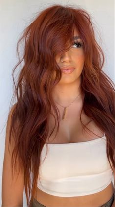 Copper Hair Skunk Stripe, Sandy Copper Hair, 2024 Copper Hair, Brassy Red Hair, Light Hair Color Ideas For Latinas, Mid Red Hair, Cowgirl Copper Hair With Money Piece, Copper Hair With Hazel Eyes, Blonde And Red Highlights On Brown Hair Summer Color Trends