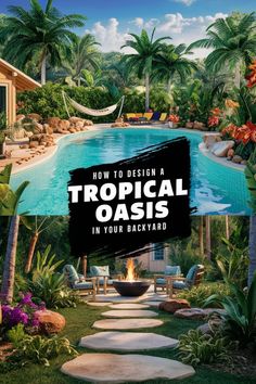 A backyard with lush tropical plants, a pool, and a hammock; text reads "How to Design a Tropical Oasis in Your Backyard." Tropical Backyard Landscaping, Backyard Escape, Self Watering Containers, Ultimate Backyard, Tropical Backyard, Permanent Vacation, Tropical Oasis, Fragrant Plant