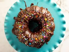 a chocolate donut with sprinkles on a blue plate