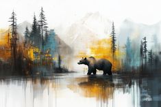 a painting of a bear standing in the middle of a lake surrounded by trees and mountains