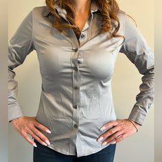 2 Banana Republic Silver Button Down Satin Shirt. Non Iron, Stretch. Size 6. New With Tags. Goes Well With Outfits In Pictures, All Pieces Of The Outfit Are For Sale. Message If Interested In Discount For The Entire Outfit Bundle. Pictured: Rag And Bone Dark Skinny Jeans, Size 28, Nwt “Cat Woman” Black Suede Heels, Size 11, Nwt. Grey Patent Leather Heels With Neon Yellow Platforms And Blue Heels, Size 11, Worn Once. Gray Tank Top With Shiny Grey Satin Lining On Top, Size M, Worn A Few Times, Hav Blue Oxford Shirt, Collard Shirt, Buffalo Plaid Flannel, Gray Tank Top, Boy Fits, Cat Woman, Women's Button Down Shirt, Silver Button, Black Suede Heels