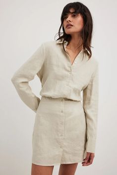 Linen Shirt Dress Beige | NA-KD Elegant Long Sleeve Neutral Mini Dress, Casual Beige Linen Long Sleeve Dress, Casual Beige Long Sleeve Linen Dress, Beige Long Sleeve Casual Linen Dress, Beige Collared Shirt Dress With Button Cuffs, Beige Shirt Dress With Button Cuffs For Spring, Classic Long Sleeve Mini Dress For Daywear, Chic Long Sleeve Linen Dress With Buttons, Elegant Long Sleeve Beige Linen Dress