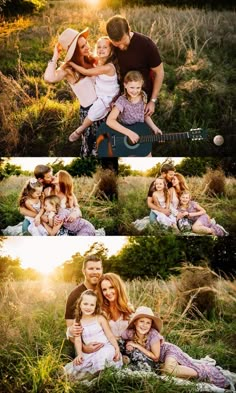 a family is posing for a photo in the grass