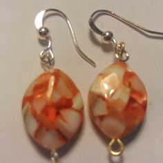 Mosaic Looking Orange & White Oval Earrings With Silver Hardware. Adjustable Nickel-free White Teardrop Earrings, White Dangle Teardrop Earrings, Nickel-free White Dangle Teardrop Earrings, White Nickel-free Dangle Teardrop Earrings, White Dangle Earrings With Lever Back, Beachy Earrings, Skeleton Earrings, Witch Earrings, Elephant Earrings