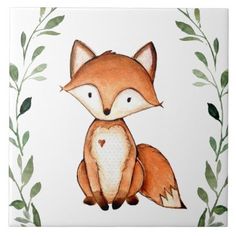 a tile with a painting of a fox on it's face and leaves around the edges