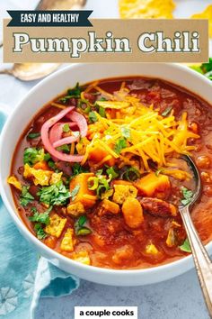 easy and healthy pumpkin chili recipe in a white bowl