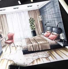 a drawing of a bedroom with a bed, desk and chair next to it on top of a table