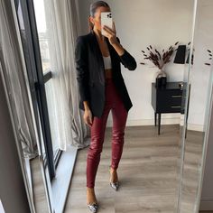 Blogger's Fave! Zara High-Waisted Red Faux Leather Leggings Pants New With Tag Size Medium Zara High-Waisted Burgundy Leggings Hidden In-Seam Zippers At Hem Front Zip And Snap Button Closure. Respectful Offers Only! Burgundy Bottoms For Fall Party, Burgundy Party Bottoms For Fall, Fall Party Burgundy Bottoms, Fall Night Out Ankle-length Leggings, Fall Office Leggings, Fitted Burgundy Pants For Fall, Chic Red Bottoms For Going Out, Elegant Office Leggings For Fall, Chic Burgundy Workwear Pants