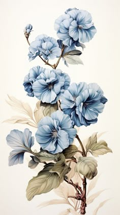 an illustration of blue flowers with green leaves on a white background in the style of watercolor painting