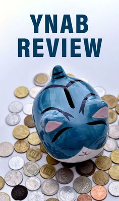 a blue ceramic cat sitting on top of a pile of coins with the words ynab review above it