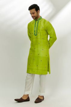 Lime green kurta with mirror work, resham, sequins and pearl embroidery. - Aza Fashions Green Traditional Wear For Eid With Handwork, Designer Green Kurta With Mirror Work, Green Traditional Wear With Handwork, Green Traditional Wear With Handwork For Diwali, Festive Green Kurta With Handwork, Festive Green Handwork Kurta, Green Bollywood Kurta With Handwork, Green Bollywood Style Kurta With Handwork, Bollywood Style Green Kurta With Handwork