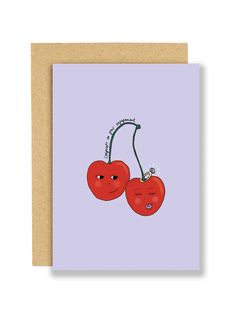 two cherries on a purple background with the words happy valentine's day written below them