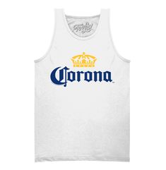 La Cerveza Mas Fina The sweltering days of summer will be here again soon, but don't sweat it! We've got you covered this season with a cool beer graphic tank top featuring the instantly recognizable Corona beer crown logo - printed on the highest quality, white cotton tank shirt around. Perfect for your next trip to the beach, or just everyday casual wear! 100% Cotton Machine Wash Tumble Dry Regular Fit Printed in USA White Letter Print Tank Top, Summer Sports Tank Top With Logo Print, Casual Summer Tank Top For Sports Events, Summer Crew Neck Tank Top With Letter Print, Sleeveless Graphic Tee Tank Top With Letter Print, Band Merch Crew Neck Tank Top With Letter Print, Sleeveless Graphic T-shirt For Sports Events, Summer Sports Tank Top With Letter Print, Graphic Print Tank Top For Summer Sports Events