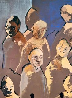 an abstract painting of several people in different colors and sizes, with one man's face partially obscured by the other