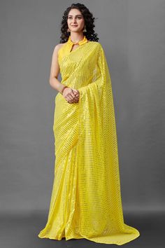 Buy Women's Georgette Sequins Embroidery Saree in Yellow Designer Party Wear Saree, Kajol Saree, Bridesmaid Sarees, Plain Sarees, Vs Image, Saree Wearing Styles, Bridesmaid Saree, Silk Style, Indian Saree Blouse