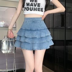 Color: Blue, Size: S Denim Skirt With Lace, Puffy Design, Skirt With Lace Trim, Short Pollera, Cake Dress, High Waisted Denim Skirt, Skirt With Lace, Skirt Y2k, Plaid Pleated Skirt