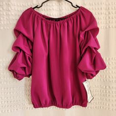 Magenta Pink Rutched And Ruffled Off The Shoulder Top From Macy's, Size Medium Stretch Puff Sleeve Blouse With Ruffles, Pink Balloon Sleeve Blouse With Ruffles, Stretch Blouse With Ruffles For Day Out, Spring Billowy Ruched Blouse, Flowy Ruffled Tops With Balloon Sleeves, Flowy Ruffle Balloon Sleeve Tops, Flowy Balloon Sleeve Tops With Ruffles, Flowy Balloon Sleeve Blouse With Ruffles, Macys Women