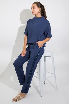 Modal Satin Trim Pants, Smoky Navy - New Arrivals - The Blue Door Boutique Off Shoulder Jacket, Athleisure Accessories, Scuba Fabric, Vest Blazer, Blue Door, Cowl Neck Top, Comfy Tops, Blazer Dress, Black Maxi Dress