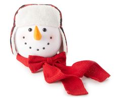 a snowman with a red scarf and hat on it's head is sitting in front of a white background