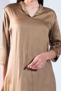 Shop for Asha Gautam Brown Modal Satin Embroidered Kurta And Palazzo Set for Women Online at Aza Fashions V Neck Kurta, Kurta And Palazzo, Satin Embroidery, Resham Embroidery, Palazzo Set, Straight Kurta, Embroidered Neckline, Set For Women, Aza Fashion