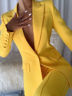 Blazer Pants Set, Military Style Coats, Yellow Suit, Crop Top Sweatshirt, Cocktail Evening Dresses, Top Pants Set, Stretchy Dress, Flared Pants