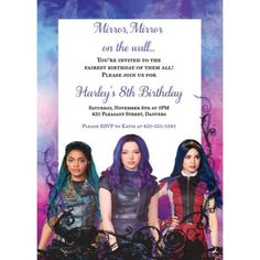 Invite family and friends to your party with custom Descendants 3 Invitations which feature Uma Mal and Evie. These invitations are perfect for your Disney-themed event and include space for your party details. Its easy to customize your message on the postcard-style invitations and you can even change the font and text color! Personalized invitations are printed on premium cardstock paper in your choice of matte glossy or pearlescent finish and you can choose between two sizes. Send off your in Descendants Birthday Party, Descendants Party Ideas Birthdays, Disney Descendants Party, Descendants Party, Mal And Evie, Descendants 3, Baby Shower Invitaciones, Kids Party Supplies, Sports Themed Party