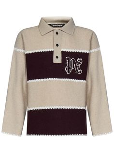 80% Wool, 20% Polyamide | Palm Angels Men's Striped Embroidered Monogram Knitted Polo Shirt in Beige | FW23/24