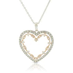 A white gold heart holds a stylized rose gold heart, with diamonds lining each open heart, to form a perfectly romantic pendant with a warm two-tone look. Rose Gold Heart Pendant Diamond Necklace, White Double Heart Diamond Necklace, White Double Heart Diamond Accent Necklace, White Diamond Double Heart Necklace, White Diamond Necklace With Heart Charm And Pendant, White Diamond Necklace With Heart Charm, White Diamond Necklace With Heart Pendant And Charm, White Heart-shaped Diamond Necklace For Anniversary, White Double Heart Necklace With Diamond Accents