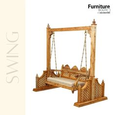 a wooden swing bed sitting on top of a white background with the words furniture bound above it