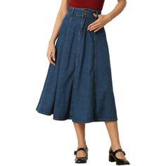 This casual skirt in flowy flared hem design can highlight your slim waist and shapes your perfect figure. Washed Denim fabric is breathable and lightweight to wear, give you a pleasing wear experience while showing your chic look. The length is just right to cover your hip and leg, elegant and timeless, easily for your to create your own satisfying styles with any tops. Simple but never outdated design makes this durable jean skirt a nice piece for both your casual and office choice. Complete a Casual Dark Wash Flared Hem Bottoms, Casual Flared Dark Wash Denim Skirt, Denim Flared Skirt For Fall, Casual Dark Wash Flared Denim Skirt, Fall Denim Flared Skirt, Casual Cotton Bottoms With Flared Hem, Blue Flared Denim Skirt, Denim Blue Flared Skirt, Casual A-line Denim Skirt