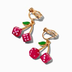 Get ready to play in these easy clip-on earrings. The gold-tone designs look like delicious cherries made out of dice. Finish: Gold-toneDrop: 1 in. / 2.54 cm.Closure: Clip on Material: Plastic - Claire's Cherry Dice 1" Clip-On Drop Earrings Adjustable Nickel-free Retro Earrings, Retro Adjustable Drop Earrings, Adjustable Retro Drop Earrings, Playful Red Nickel-free Jewelry, Playful Red Hypoallergenic Jewelry, Playful Adjustable Nickel-free Jewelry, Playful Adjustable Dangle Jewelry, Playful Nickel-free Drop Earrings, Retro Adjustable Pink Earrings